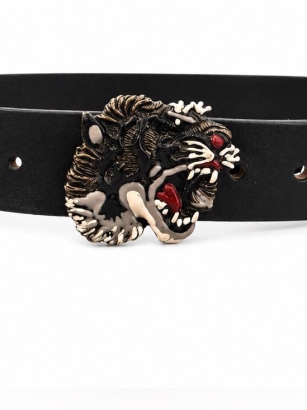 Gucci Black Leather Belt with Embossed Tiger Head Buckle